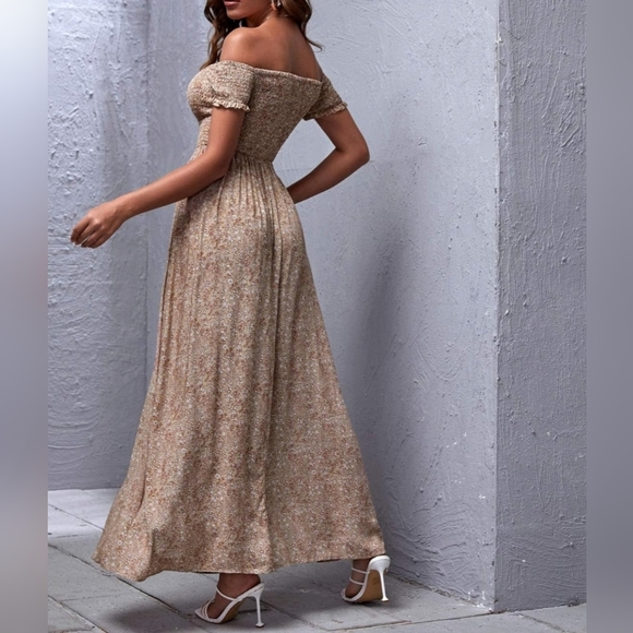 NEW Boho Flowy Floral Off Shoulder Maxi Dress Split Hem Beige Tan Cream - Picture 1 of 7